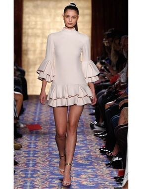 Brandon Maxwell Crepe Pleated Ruffle Mock Neck Sheath Mini Dress Pink 6